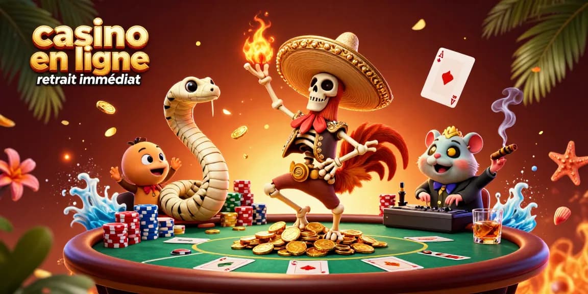 Actions de jeu sur casino en ligne retrait immédiat avec des personnages animés et des éléments de poker.