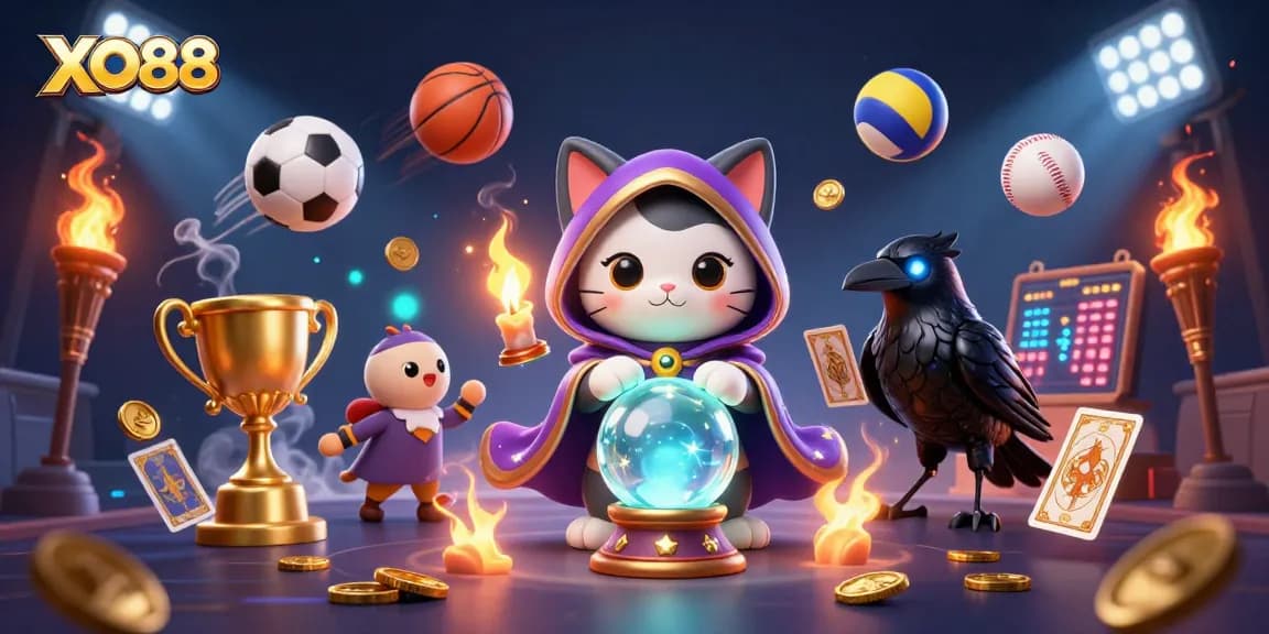 Experience thrilling moments at XO88 with fortune teller cat, raven, and vibrant casino elements.