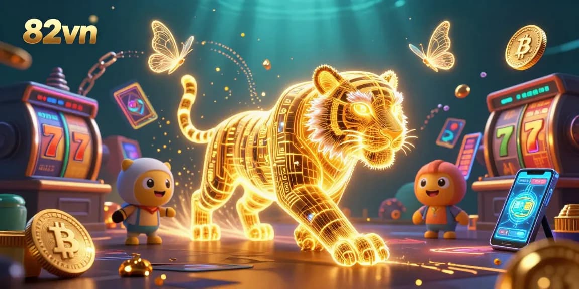 Spin the reels with 82vn's vibrant digital casino featuring a golden tiger and jackpot elements.