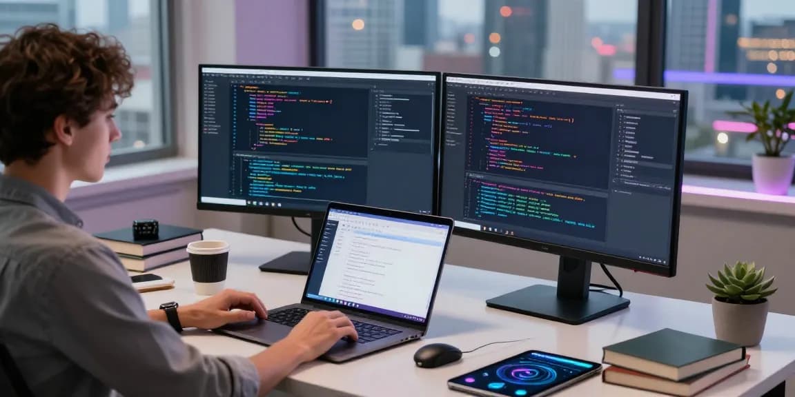 Motchill software development workspace with vibrant code on dual monitors and an urban skyline view