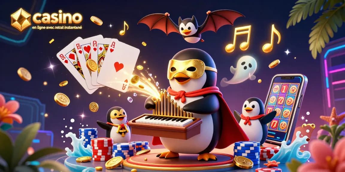 Visuel dynamique de casino en ligne avec retrait instantané, illustrant un pingouin jouant un orgue d'où s'échappent des pièces d'or.