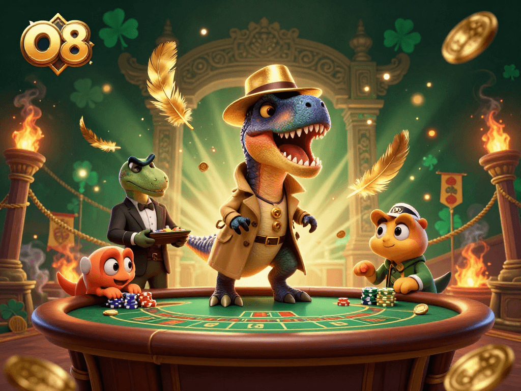 Engage with O8 in a rich, dynamic casino scene featuring a velociraptor card counter and dinosaur characters.
