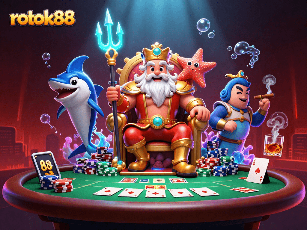 Experience the thrill of gambling at rokok88 with vibrant casino illustration and lively characters.