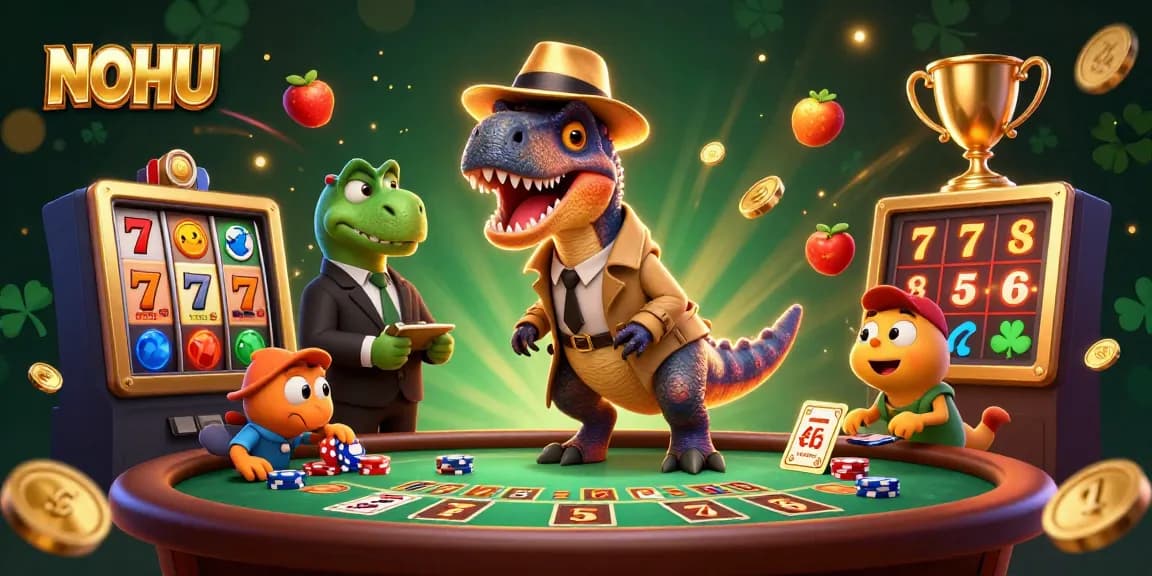 NOHU enticing gamblers in a dynamic blackjack scene with cartoon dinosaurs and vibrant casino elements