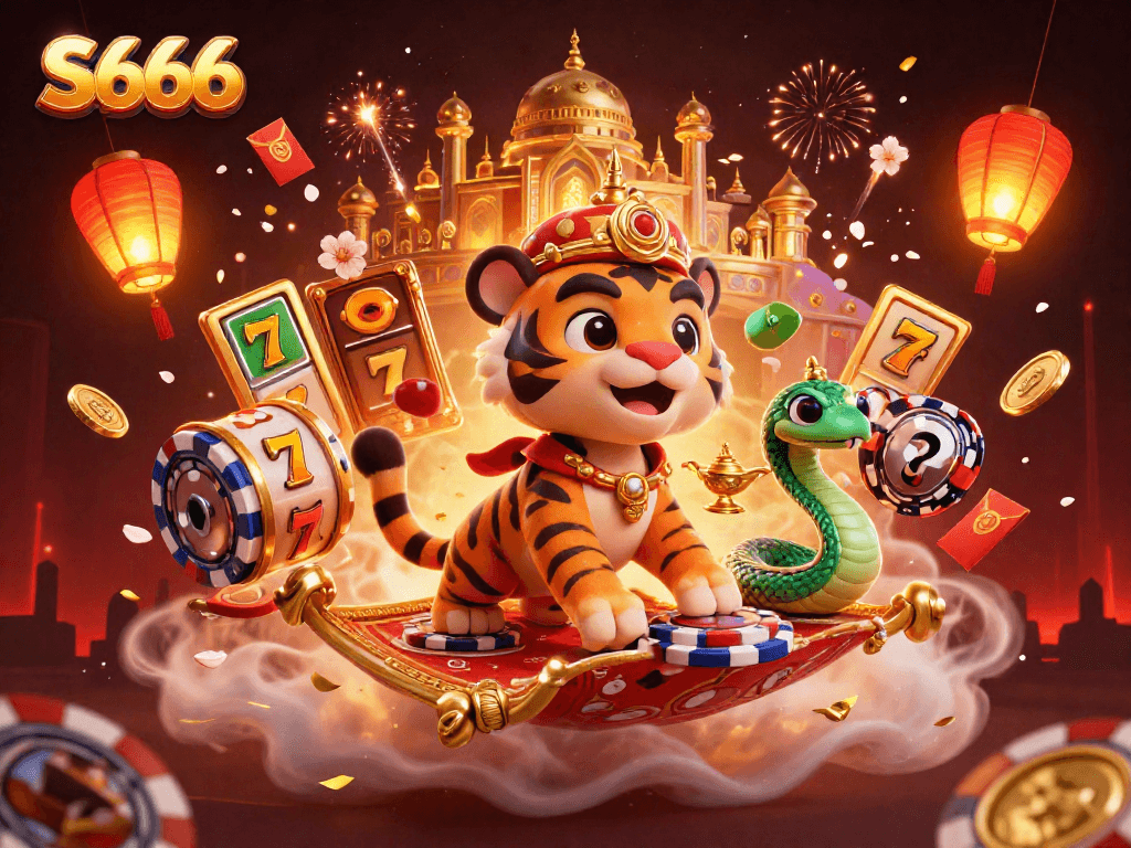 S666 announces exciting slot games within a vibrant casino atmosphere featuring a tiger sultan.