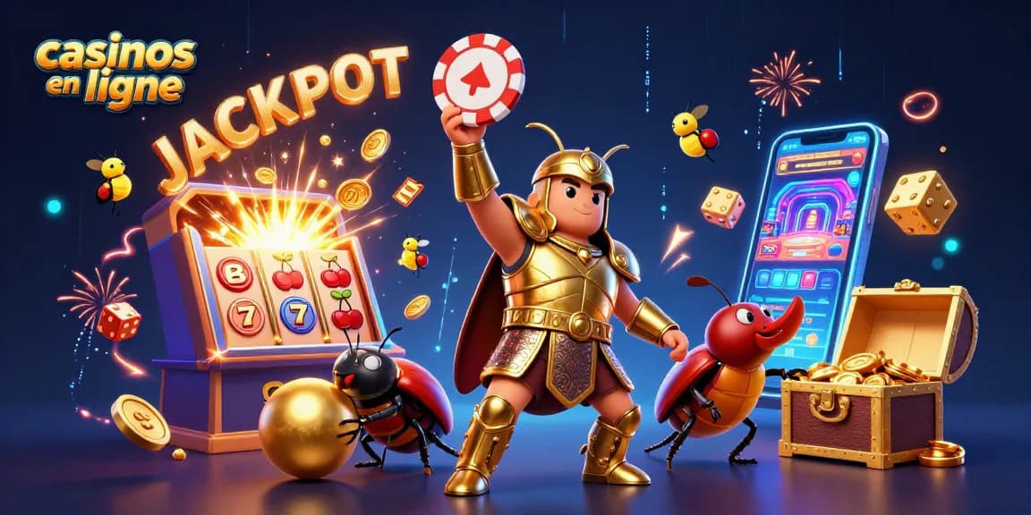 Vainqueur des casinos en ligne, le scarabée hercule célèbre avec des jetons gagnants.