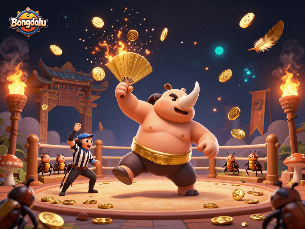 Bongdalu's sumo champion beetle stomps to scatter gold coins in a vibrant casino scene.