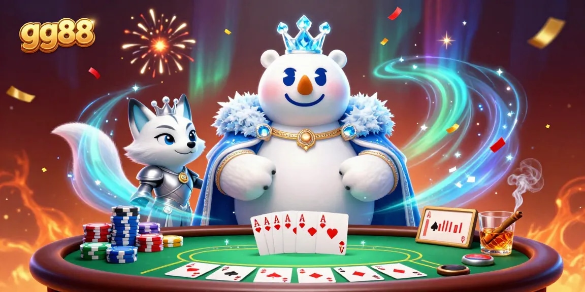 Experience the thrill of gg88 with a 3D cartoon bear and fox at an exciting poker table.