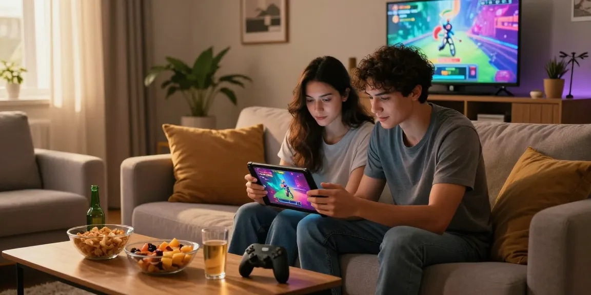 Couple enjoying porn games on a tablet in a cozy living room.