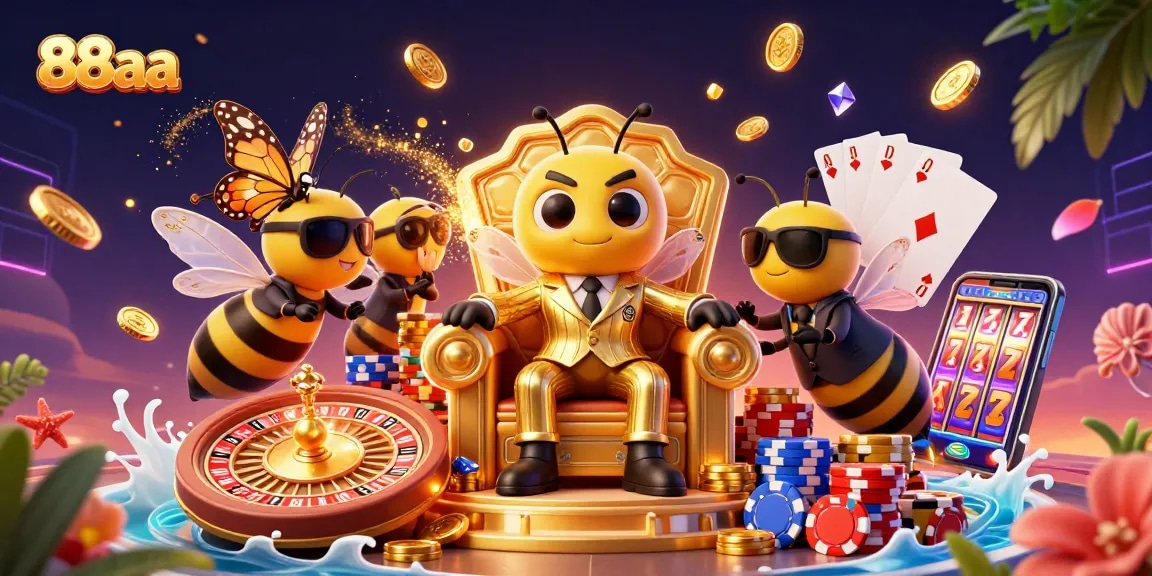 Bet on winning strategies with 88aa's vibrant casino scene featuring lively characters and dynamic game elements.