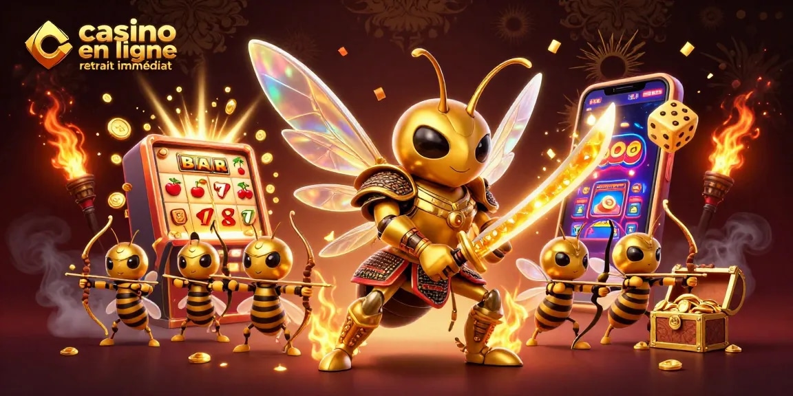 Casino en ligne retrait immédiat : un hornet samouraï entouré de jeux animés et de gains dans un monde vibrant.