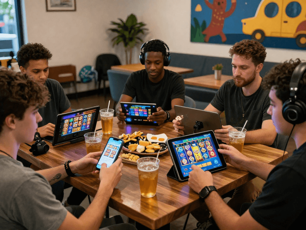 Players enjoying slot games on various devices in an inviting lounge setting, showcasing an engaging gambling atmosphere.