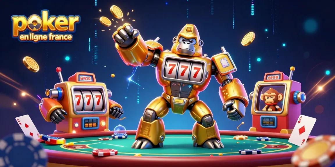 Participez à des jeux de poker en ligne en France avec une animation captivante de personnages mécaniques et de cartes.