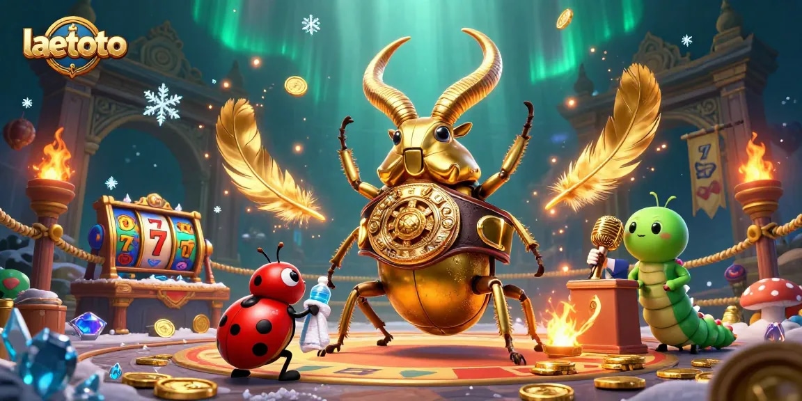 Experience the thrill of laetoto with a dynamic 3D illustration of a giant golden stag beetle competing in a casino setting.