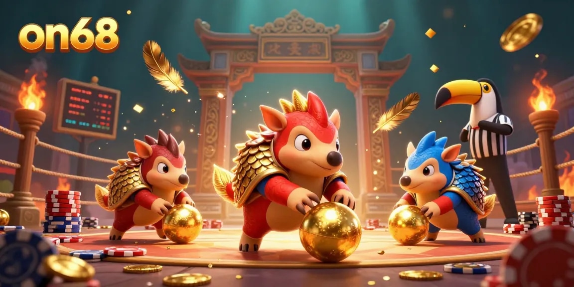 Experience the thrilling on68 gaming arena with competitive pangolins amidst scattered poker chips.