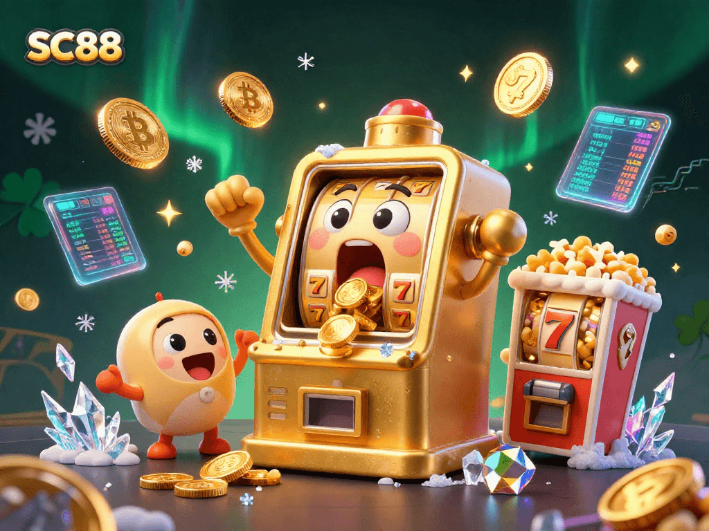 SC88 features a lively slot machine winning a jackpot amidst vibrant casino elements.