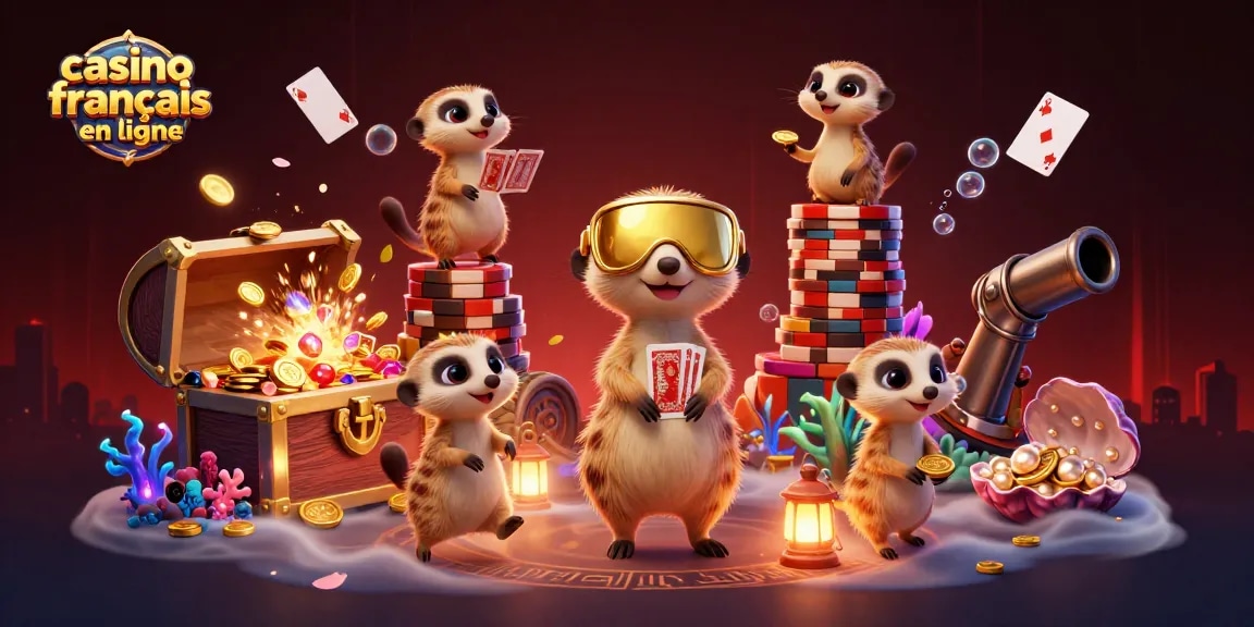 Profitez de l'expérience immersive du casino français en ligne avec des suricates gérants et clients dans une scène animée.
