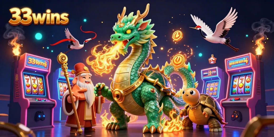 Experience thrilling gameplay with 33wins featuring a dragon, sage, and lucky cranes in a vibrant casino scene.