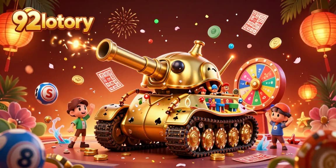 Engage with 92lottery's dynamic lottery-themed casino illustration showcasing vibrant games and festive elements.