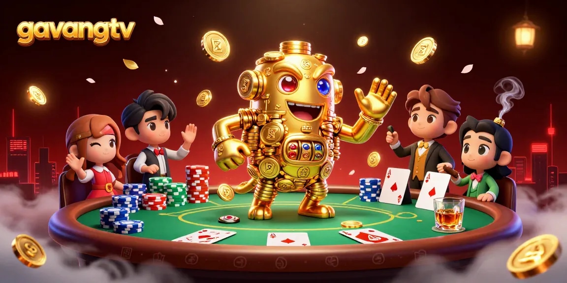 Gavangtv showcases a golden golem amidst poker chips in a vibrant 3D casino scene.