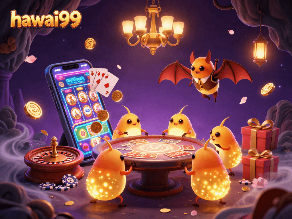 Join the excitement at hawai99 with vibrant glowworms lighting a cave casino filled with games and energy.