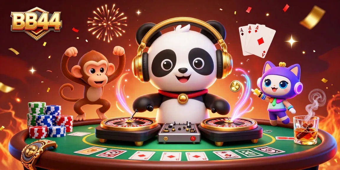 Spin to win at BB44 with energetic characters celebrating casino style!