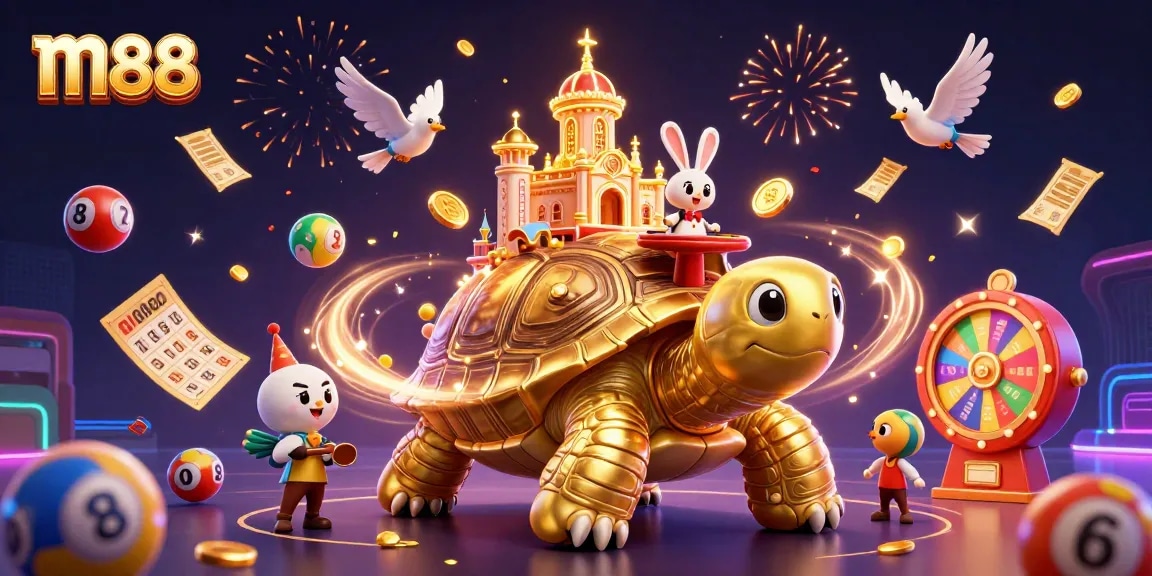 Engage in thrilling interactions at m88 with a dynamic golden tortoise casino scene, highlighting exciting gaming elements.