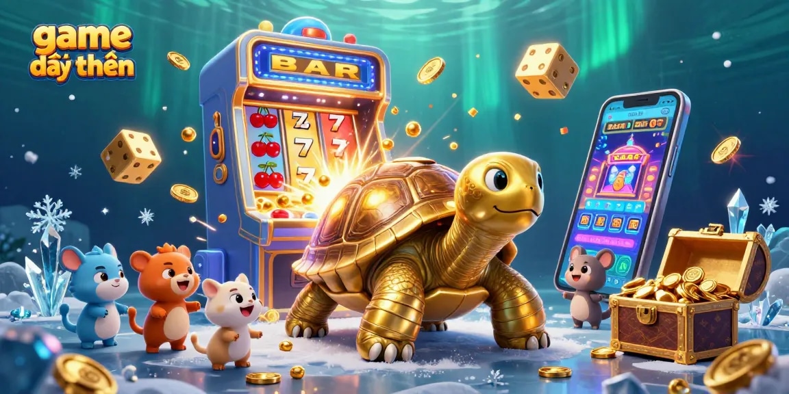 Experience excitement with game đổi thưởng as a golden tortoise plays a pinball machine amidst casino games.