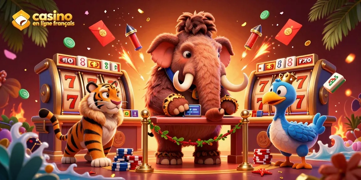 Une illustration dynamique représentant un bouncer mammouth vérifiant les pièces à l'entrée d'un casino en ligne français.