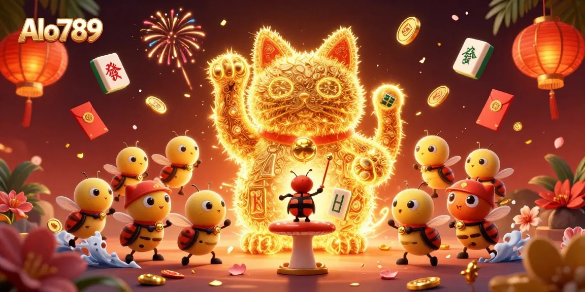 Alo789 offers a vibrant casino experience with a golden lucky cat and dynamic symbols.