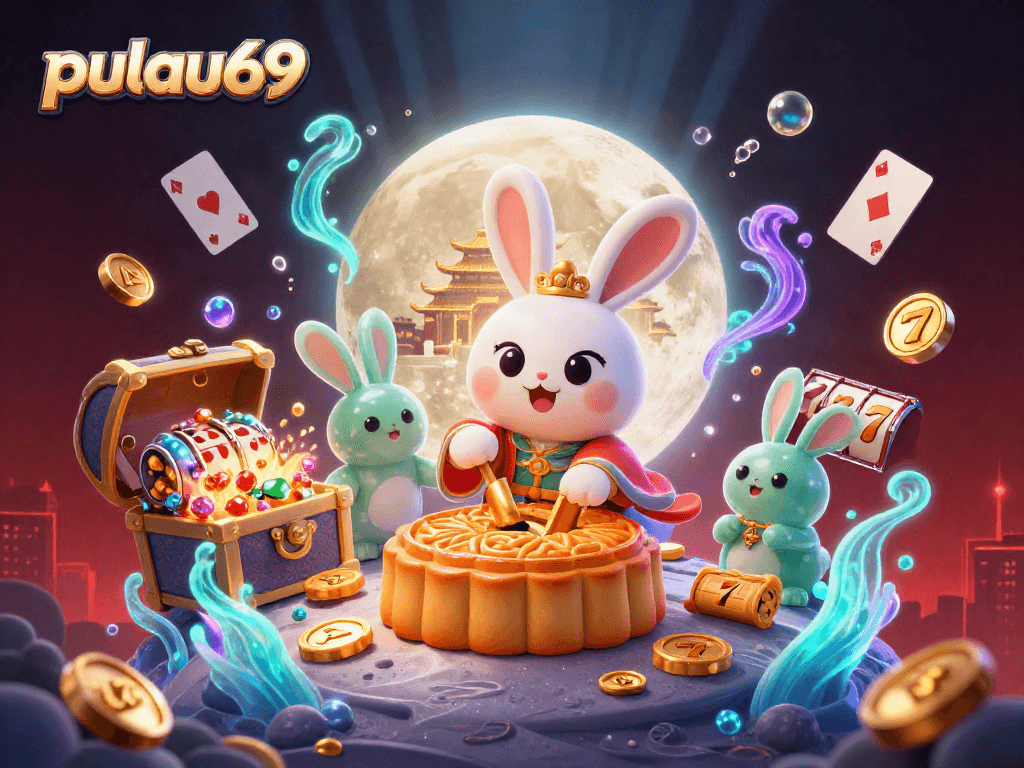 Experience pulau69 with a vibrant 3D fantasy scene featuring a moon rabbit surrounded by casino elements.