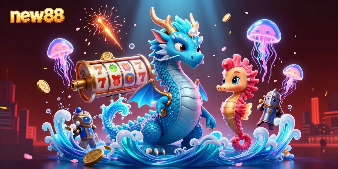 Engage with the excitement of new88 through a vibrant 3D illustration of a casino scene full of dynamic symbols, spinning reels, and mythical characters.