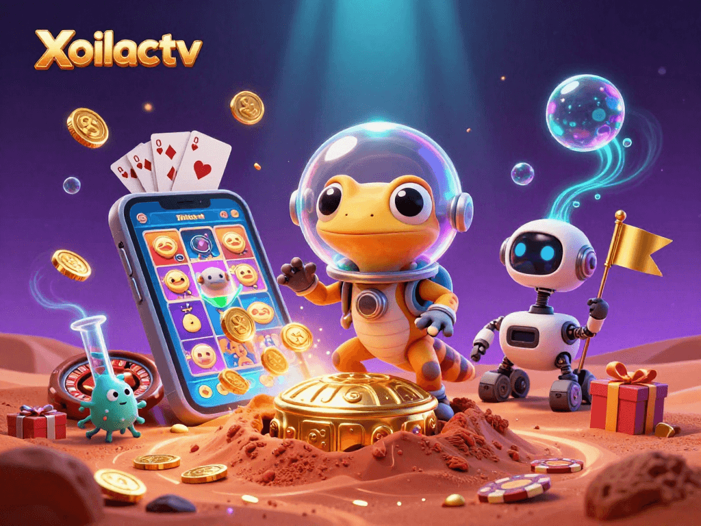 Xoilactv casino scene with a Martian gecko and robot rover celebrating a slot game victory