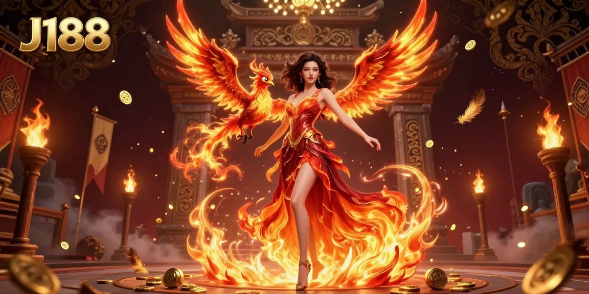 Experience the excitement of J188 with a stunning illustration of an Asian woman and her fire phoenix companion in an energetic casino setting.