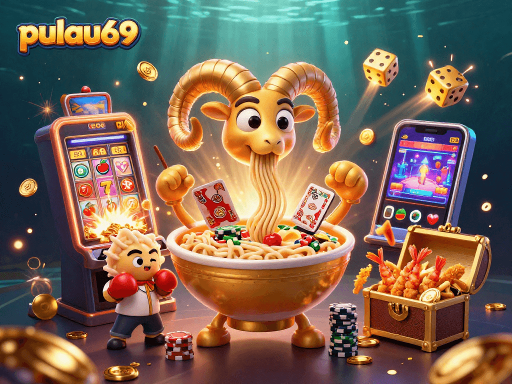 Experience pulau69 excitement with a whimsical scene featuring a golden ramen bowl dealer amid a jackpot explosion.