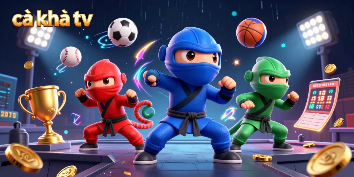 cà khịa tv showcases a vibrant scene of ninja chameleons surrounded by dynamic sports elements and betting action.