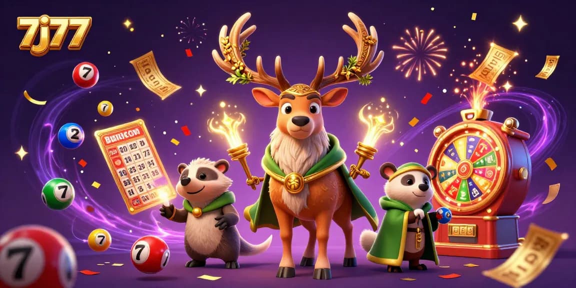 Experience thrilling moments with 7j77 in a vibrant casino scene featuring dynamic lottery elements.