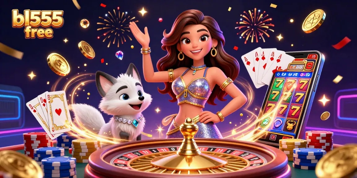 Spin the roulette and win at bl555 free, featuring a glamorous casino scene with coins and cards.