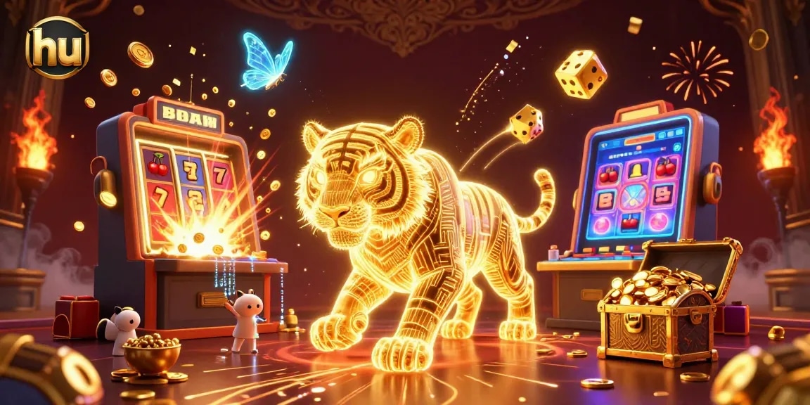 Experience thrilling casino excitement with hu, featuring a golden tiger and jackpot scenes.