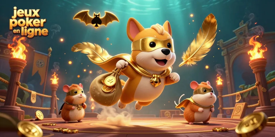 Jouez à des jeux poker en ligne avec notre héros canin dans une scène dynamique remplie de jetons d'or.