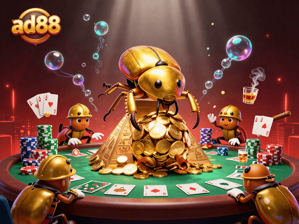 Experience excitement with ad88 as cartoon beetles roll gold coins among vibrant casino symbols.