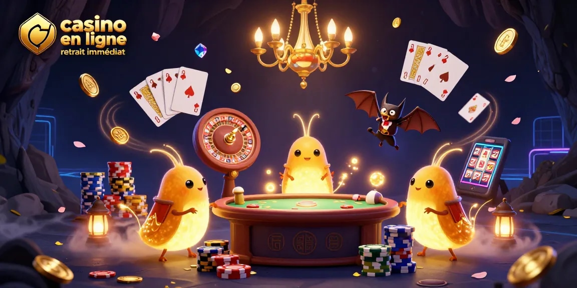 Casino en ligne retrait immédiat avec un casino animé rempli de lumières et de gains.