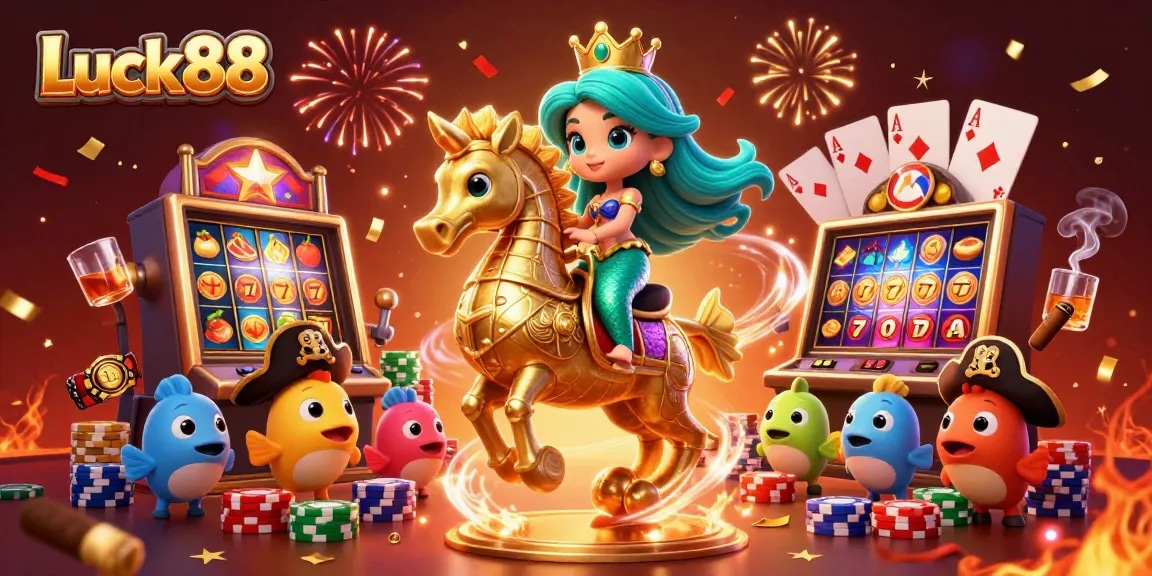Experience the excitement of Luck88 with vibrant slot reels and casino characters celebrating wins.