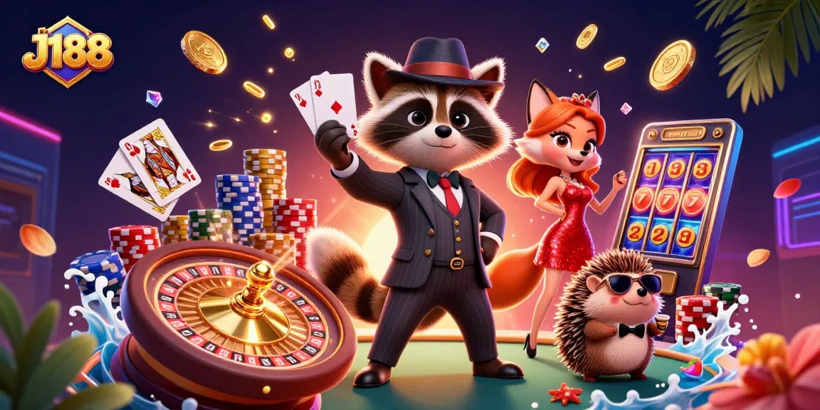 J188 captivates players with a raccoon holding a royal flush, amidst a vibrant casino scene.