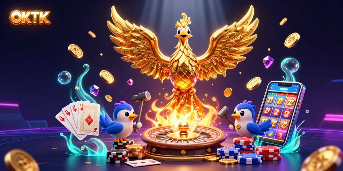 Experience the excitement of OKTK with a golden phoenix in a vibrant casino scene.