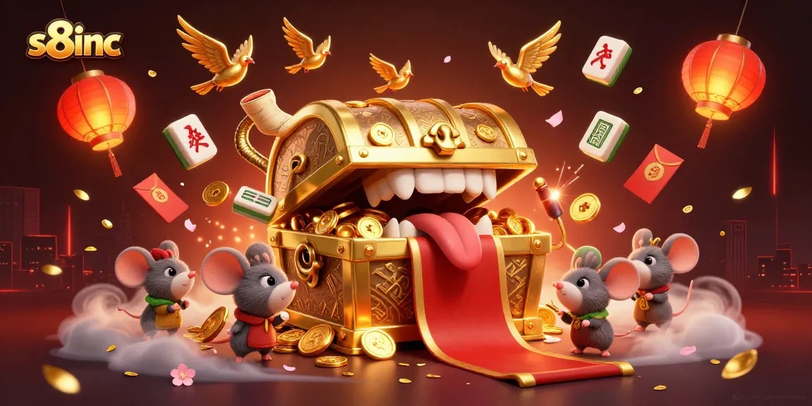 S8inc offers winning bets with a treasure chest lure, floating mahjong tiles, and festive lanterns.