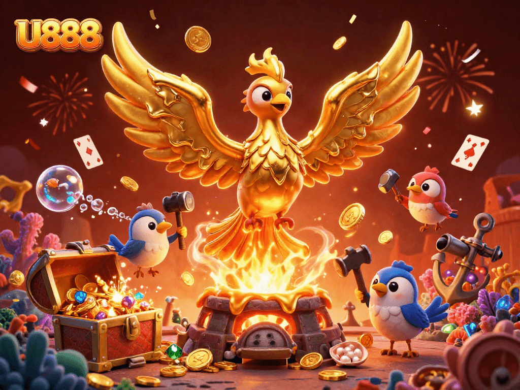 Win big at U888 with a molten golden phoenix and treasures in this vibrant 3D casino scene.