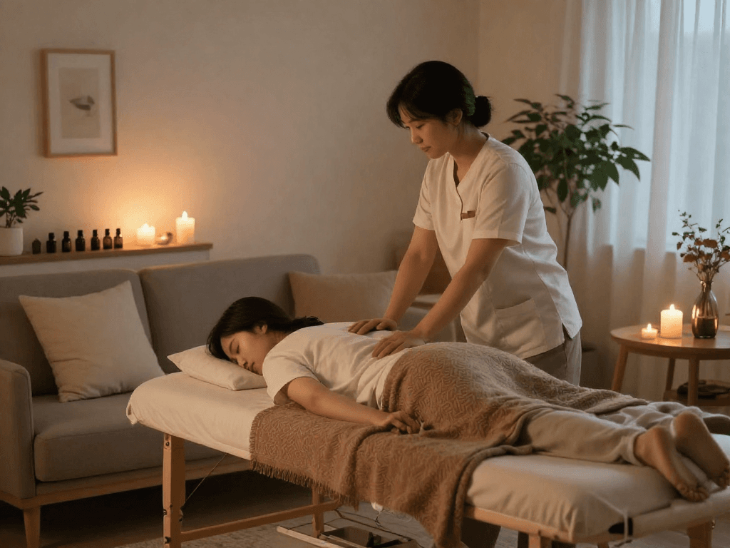 Relaxing 도봉구출장마사지 setup in a cozy home environment with calming elements.