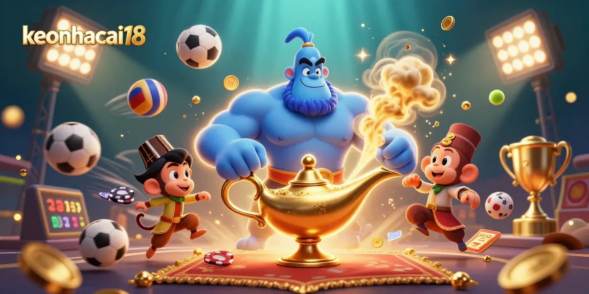 Engage with the excitement of keonhacai18 by exploring dynamic sports betting visuals featuring a genie and colorful sports elements.
