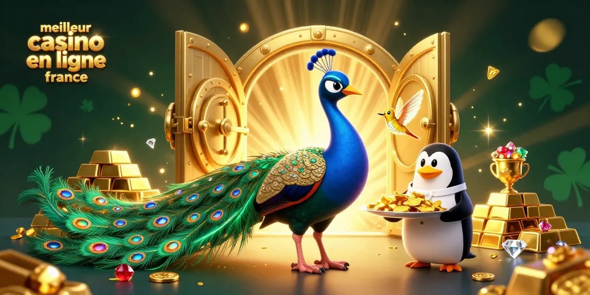 Scène magnifique illustrant le meilleur casino en ligne France avec un paon, pingouin servant des jetons d'or et un colibri en diamant.
